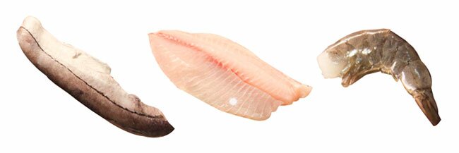 fish-multiple-slices Three slices of fish, cut out against a white background